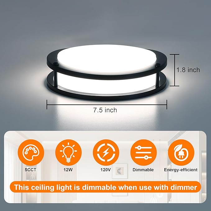 2 Pack 7.5 Inch Round Black Ceiling Light Fixture for Hallway Bedroom - 7.5” Black LED Flush Mount Ceiling Lamp Set of Two 2700K/3000K/3500K/4000K/5000K LED Kitchen Bathroom Light 12W