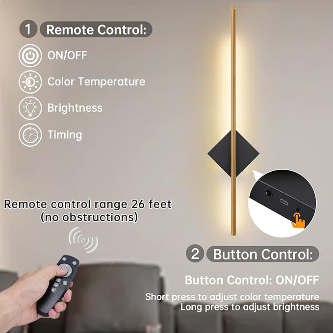 Battery Operated Wall Sconces Set of Two - Wireless Rechargeable Wall Light with Remote - Gold and Black Wall Lamp Dimmable Modern Home Decor for Bedroom Living Room Hallway Timing 31.5 Inch