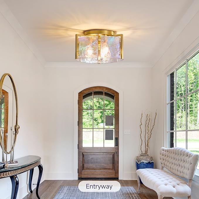 Brushed Gold Semi Flush Mount Ceiling Light Fixture, 14.1'' Modern Drum Glass Hallway Ceiling Light Fixtures, Mid Century Kitchen Lights for Entryway Foyer Dining Room Table Bathroom Bedroom Laundry