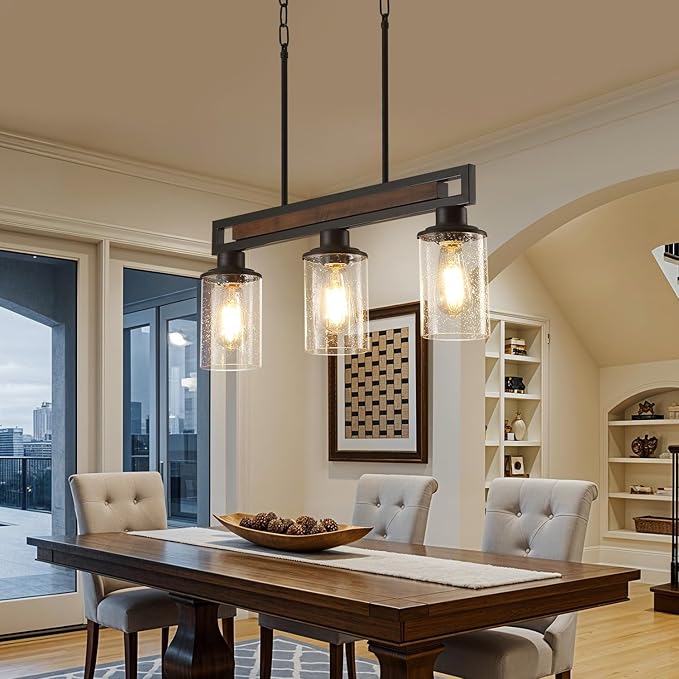Farmhouse Dining Room Light Fixture, 3-Light Wood Kitchen Island Lighting for Dining Room Over Table, Black Adjustable Pendant Light with Seeded Glass Shades, Linear Chandeliers Lighting for Kitchen