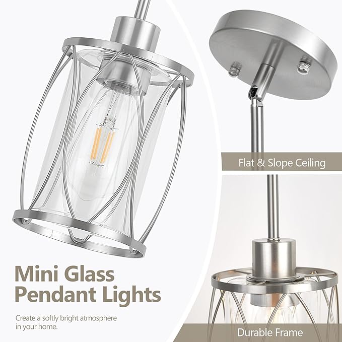 Glass Pendant Lights Kitchen Island Brushed Nickel Pendant Light Fixtures Adjustable Modern Mini Hanging Light with Clear Glass for Sink Dining Room Foyer Entryway Bar, 1 Pack