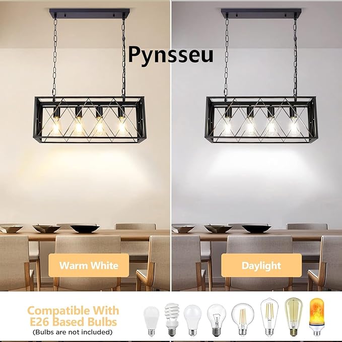 Pynsseu Industrial Kitchen Island Pendant Lighting, Rectangular Vintage Rustic 4-Light Hanging Pendant Light Fixtures for Kitchen Farmhouse, Bar, Dinning Room