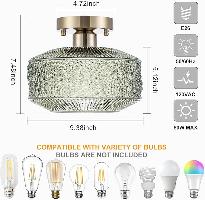 Semi Flush Mount Ceiling Light, 9 Inch Modern Small Ceiling Light Fixture with Green Thickened Glass & Stone Floral Pattern, Bronze Base for Hallway Kitchen Bedroom Hotel Cafe