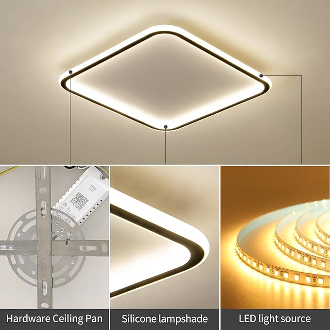 Modern LED Ceiling Light, 23.6IN Square Black Flush Mount Ceiling Lights Fixture with Remote Control, Acrylic Ceiling Lamp for Bedroom Hallway Kitchen Island, 3000k-6500k Dimmable