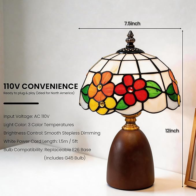 12.2" Tiffany Style Lamp, Handcrafted Stained Glass Sunflower Table Lamp with Spherical Solid Wood Base, 3-Color Dimmable Bedside Lamp for Nightstand & Bedroom, Vintage Aesthetic Accent Light