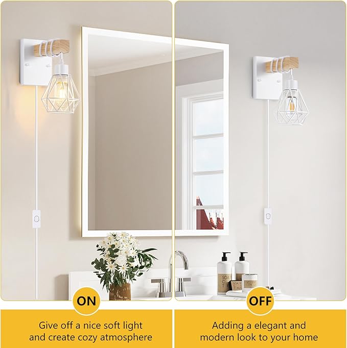 Lomoky White Plug in Wall Sconces Set of Two, Modern Wall Lights with 5.25FT Plug in Cord, Wooden Bedside Wall Lamps with Metal Shade, Industrial Wall Lighting Decor for Living Room, Hallway, Stairs