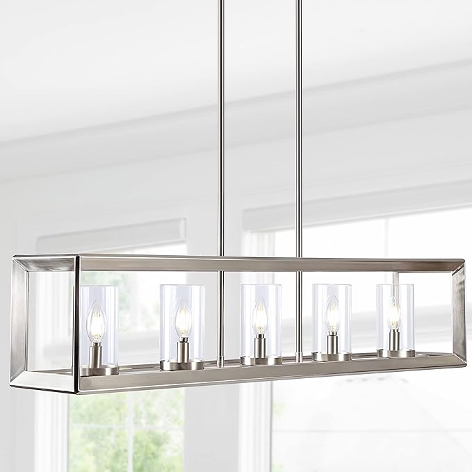 JONATHAN Y 38.5" Nickel Linear 5-Light LED Chandelier, Adjustable Clear Glass Shades Modern Pendant Light Fixture for Kitchen Island, Dining Room, ETL Listed (JYL7414B)