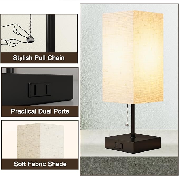 YIDPU Table Lamp for Bedroom,Nightstand Lamp for Bedside with AC Outlets,Adjustable 3color LED Light Desk Lamp for Home Decor,Included Bulb and Lamp Shade (Linen White-onlyAC, 1PCS)