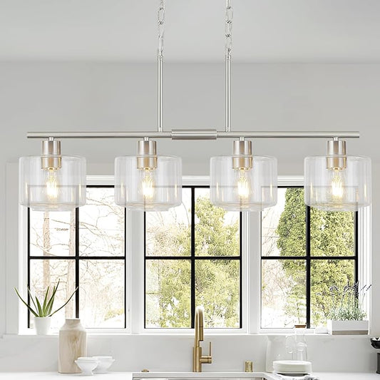 4-Light Brushed Nickel Kitchen Island Lighting, Modern Linear Dining Room Chandelier Light Fixtures with Clear Glass and Chain, Mid Century Hanging Lights for Kitchen Island, OS-YQ8153-4ISBNC