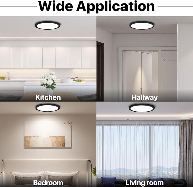 6Pack LED Flush Mount Ceiling Light Fixture Black,12Inch 24W 2640LM,Dimmable 5 CCT Selectable (2700K-6500K),Round Flat Panel Light for Bedroom,0.7Inch Thin Modern Low Profile Design for Hallway