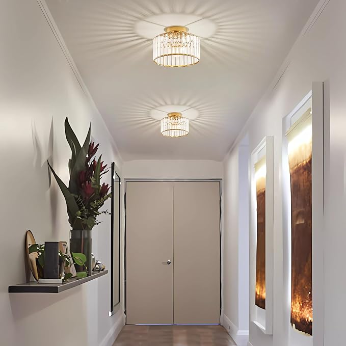 Crystal Gold Semi Flush Mount Ceiling Light Modern Hallway Light Fixture Metal Close to Ceiling Lamp for Kitchen Living Room Bathroom Entryway Bedroom(10.63 inch)