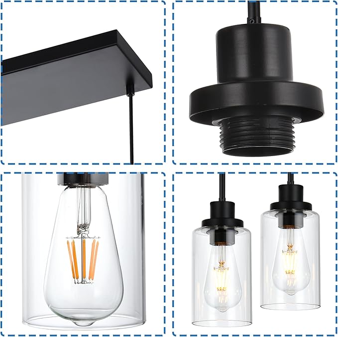 MELUCEE Linear Hanging Pendant Lights with Clear Glass Shade Black Dining Room Light Fixtures Over Table Kitchen Island Lighting, Adjustable Hanging Height