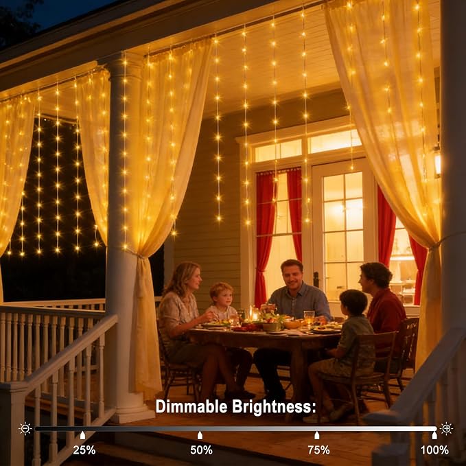 DBFAIRY Solar Curtain Lights 200 LED Outdoor Curtain Lights Waterproof | 13 x 3.9ft Solar Twinkle Curtain Lights with Remote Timer Dimmable for Garden Party Wedding Decór, Warm White
