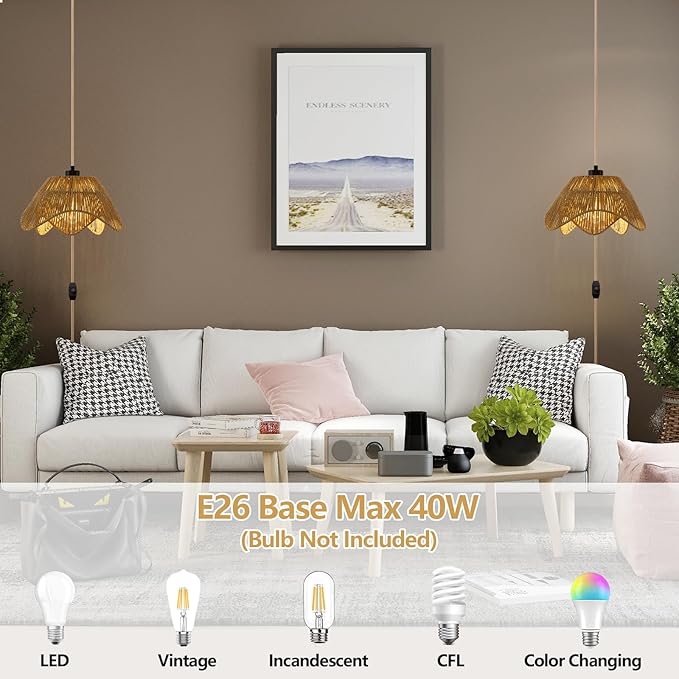Plug in Pendant Light, Boho Rattan Hanging Lights with Plug in Cord,Rustic Hand Woven Wicker Hanging Lamp with On/Off Switch, Adjustable Plug in Ceiling Light for Kitchen Bedroom Living Room
