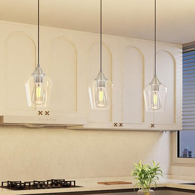 VONLUCE Pendant Lights Kitchen Island, Brushed Nickel Pendant Lighting for Kitchen Island with Hanging Cord for Bedroom & Hallway, Kitchen Island Lighting with Clear Glass Shade