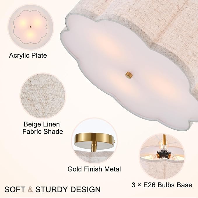 18" Semi Flush Mount Ceiling Light Modern 3-Lights Gold Drum Ceiling Light Fixture with Fabric Linen Shade, Vintage Ceiling Lighting for Living Room, Kitchen, Basement, Laundry Room, Bedroom