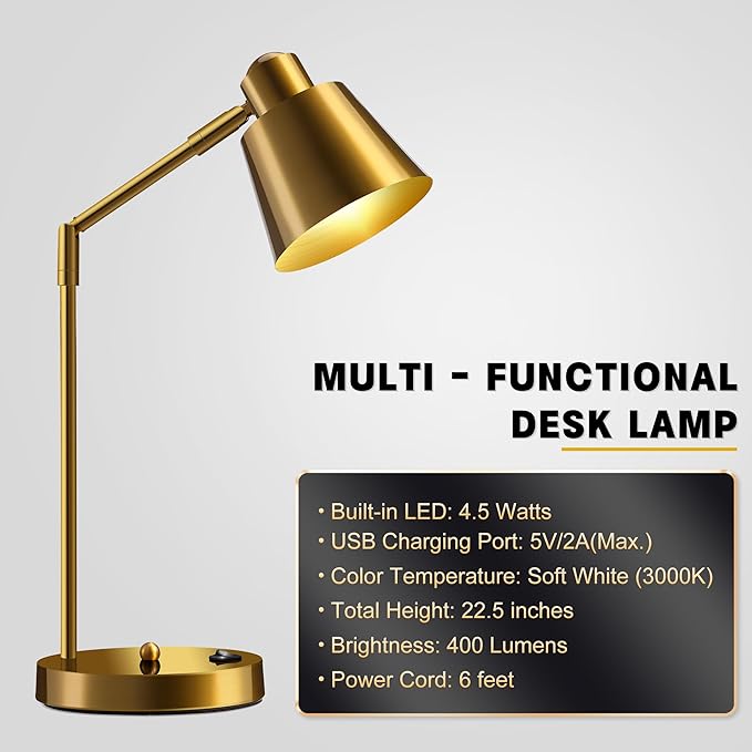 Anxingtools LED Desk Lamp with Dual USB Charging Ports, 100% Metal, 270° Swivel Arms, Soft White Light (3000K), Bedside Reading Lamp, Home Office Lamp(Golden)