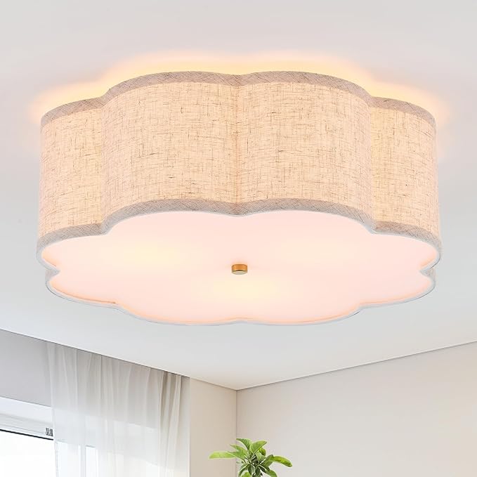 18" Modern Flush Mount Ceiling Light, 3-Light Large Gold Ceiling Fixture with Beige Linen Drum Shade, Flower Design Ceiling Lamp for Dining Room, Bedroom, Nursery, Entryway