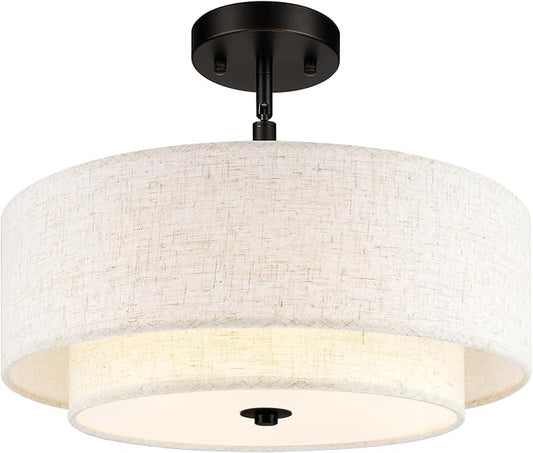 AUTELO 16" Semi Flush Mount Ceiling Light, 3-Light Modern Flush Mount Ceiling Light in Black Finish with Drum Fabric Shade for Hallway Bedroom Kitchen, C2506 BK-16