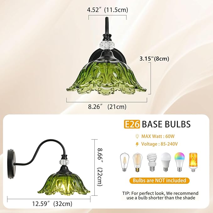 1 Piece Black Wall Sconce with Floral Green Glass Shade, Black Farmhouse Wall Mount Lighting for Bathroom,Vintage Bathroom Vanity Light Fixture
