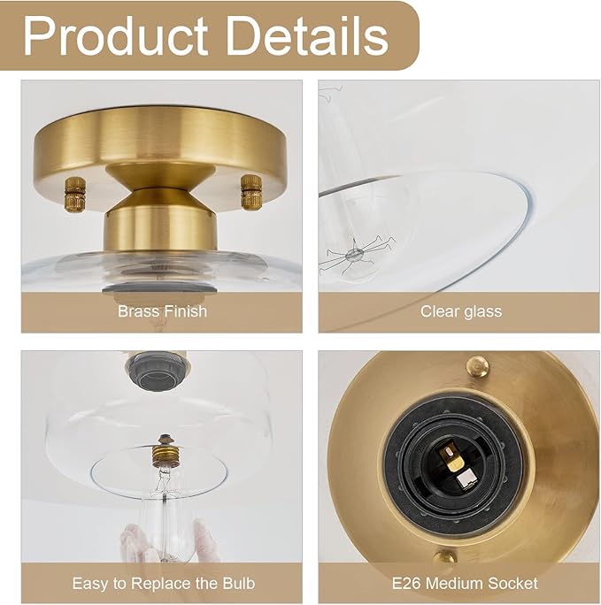 BISAMIYA Modern Gold Ceiling Light Fixture, Brass Finish Semi Flush Mount Ceiling Light with 8.66" Clear Glass Shade for Kitchen, Hallway, Entryway, Cafe
