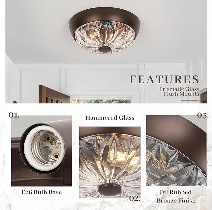 ORB Semi Flush Mount Ceiling Light, 2-Light Oil Rubbed Bronze Close to Ceiling Light Fixture, Aluminum Glass Indoor Outdoor Ceiling Lamp for Bedroom Kitchen Hallway Foyer