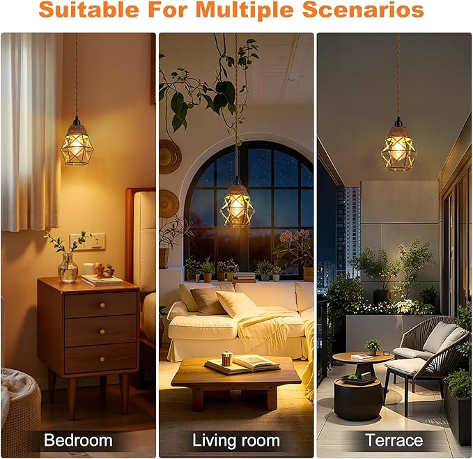 Industrial 15ft Pendant Lights - Hanging Light Kit with Switch Plug in Vintage Fabric Lamp with Twisted Hemp Rope Pendant Lights Socket E26 E27 for Pendant Lamp (Hemp Rope Brown, 7-Fishnet Shade)