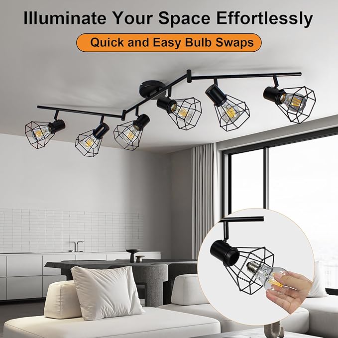 LTBLIGHT 6-Light Track Lighting Fixtures Ceiling, Adjustable Track Light Fixture, Black Metal Wire Cage Farmhouse Spotlight for Kitchen, Bedroom, Hallway, E26 Base(Bulbs Not Included)