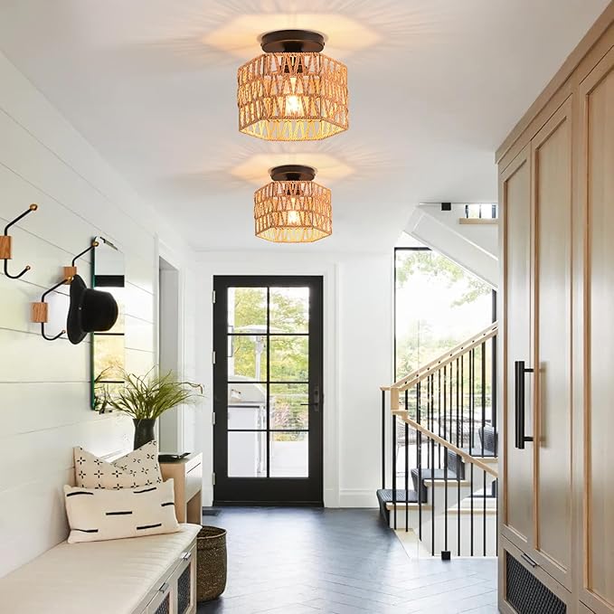 Hand-Woven Rattan Flush Mount Ceiling Light,Farmhouse Light Fixtures Ceiling Mount Boho for Hallway Bedroom Kitchen Entryway Living Room