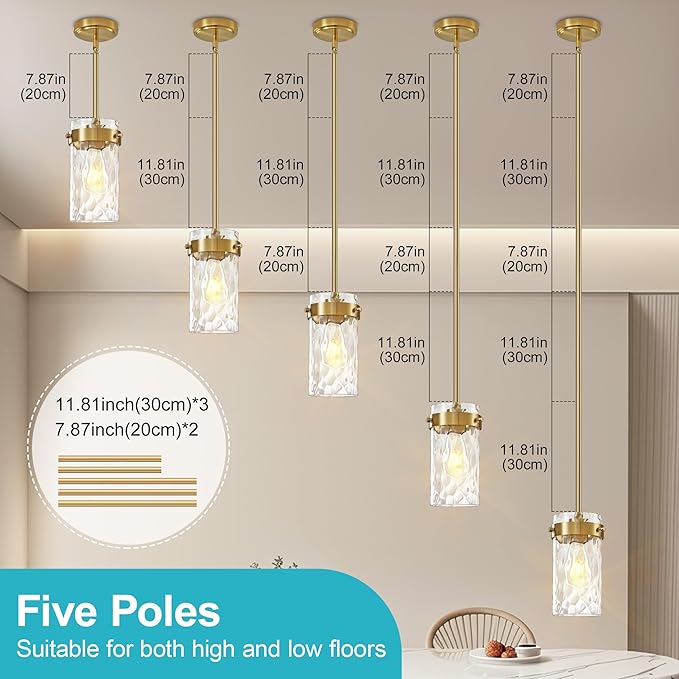 Hammered Glass Pendant Lighting for Kitchen Island 2 Pack, Modern Brushed Gold Pendant Light Fixtures 4.72", Adjustable Ceiling Pendant Light for Kitchen Island Dining Room Hallway
