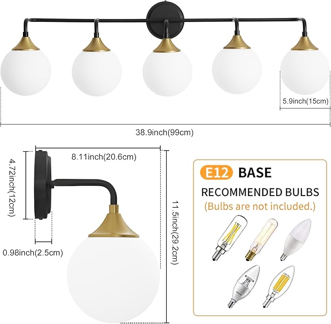 Black Gold Bathroom Light Fixtures, Modern Vanity Lighting Over Mirror, Mid Century Brushed Brass Wall Sconce 5-Light with Milky White Glass Ball Shades