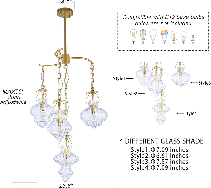 TOCHIC Modern Glass Pendant Light, 4 Light Gold Cluster Pendant Chandelier with Clear Ribbed Glass, Adjustable Hanging Light Fixture for Dining Room, Kitchen Island, Bedroom, Foyer