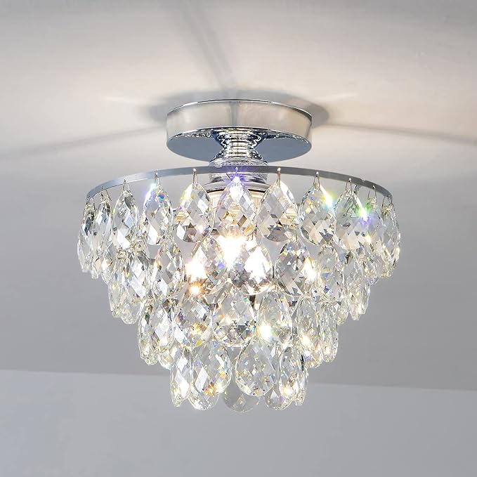 CM MZY Mini Crystal Chandelier Ceiling Light Small, Modern Chrome Crystal Flush Mount Ceiling Light, E26 Base Farmhouse Ceiling Lighting Fixture for Bedroom Bathroom Closet Hallway Kitchen