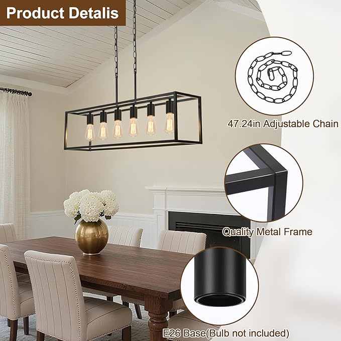 Boncoo 6 Light Black Chandeliers for Dining Room, Adjustable Height Linear Chandelier Kitchen Light Fixture, Modern Farmhouse Chandelier Rectangle Island Light for Kitchen Hanging Light Fixtures