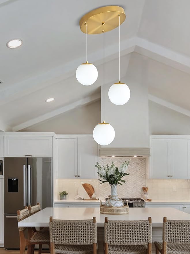 ykolupty 3-Light White Globe Glass Pendant Light Modern Gold Chandelier White Glass Pendant Chandelier for Dining Room Kitchen Island Foyer Hallway