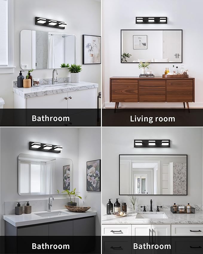 Bathroom Lighting Fixtures Over Mirror, 3 Light Bathroom Vanity Light Fixtures with Cool White 5000K, Matte Black LED Modern Vanity Wall Lights for Bath, Dressing Room, Restroom, 21.6 inch