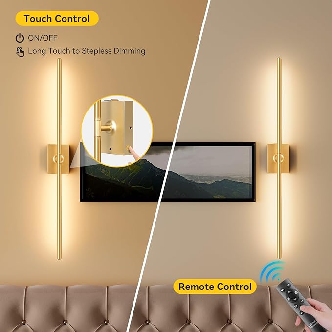 Ouyulong Battery Operated Wall Sconces Set of 2, 10000mAh Wireless Rechargeable 3000-6000K Dimmable 350° Rotate Wall Light with Remote for Living Room, Bedroom 31.6in Gold