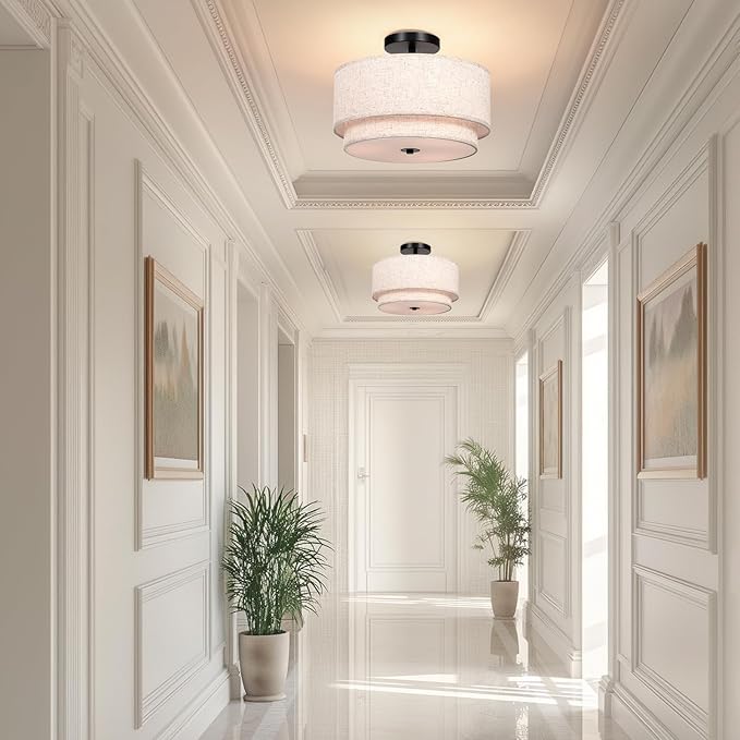 FRIDEKO HOME 3 Light Semi Flush Mount Ceiling Light Modern Close to Ceiling Light Fixture with 2-Layer Fabric Shade Light Fixtures Ceiling Mount for Bedroom Living Room Kitchen Foyer Hallway