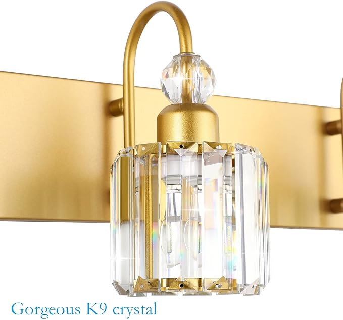 Ralbay Gold Bathroom Vanity Lights 3-Lights Gold Crystal Vanity Lights Over Mirror Modern Crystal Bathroom Vanity Lighting Fixtures