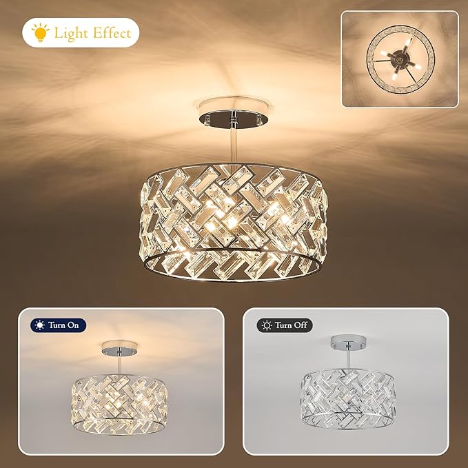 Chrome Crystal Chandelier 4-Light, 12" Modern Round Drum Ceiling Light, Semi Flush Mount Crystal Pendant Fixture for Kitchen Island, Dining Room, Bedroom, Entryway, Hallway