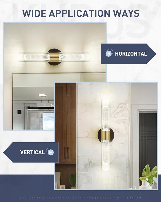 kudos Black and Gold Bathroom Light Fixtures,Modern Led Wall Sconce Light with Crystal Bubble and Clear Glass, 3000K/4500K/6000K Adjustable, KDVL05-BG-2