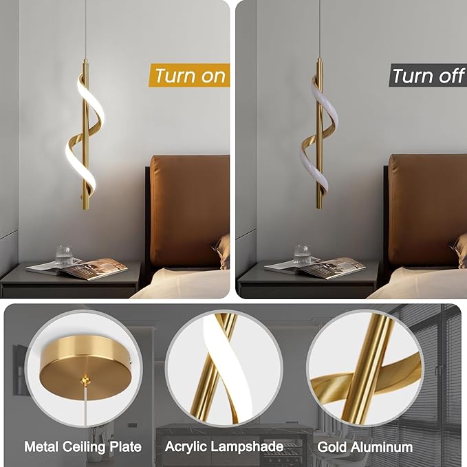 CANEOE 3 Packs Modern Spiral Led Pendant Light Fixture, Cold White 5500K Gold Kitchen Island Pendant Lamp, Adjustable Hanging Light Fixture for Bedroom Living Room Kitchen Sink (Gold)