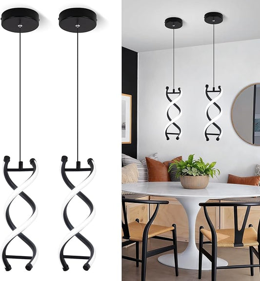 CANEOE Spiral Modern Pendant Light Fixture, 5500K Cold White Black LED Hanging Lamp, Adjustable Height Black Kitchen Island Light Fixture for Dining Room Bedroom Kitchen Sink ((Black, 5500K, 2 Packs)