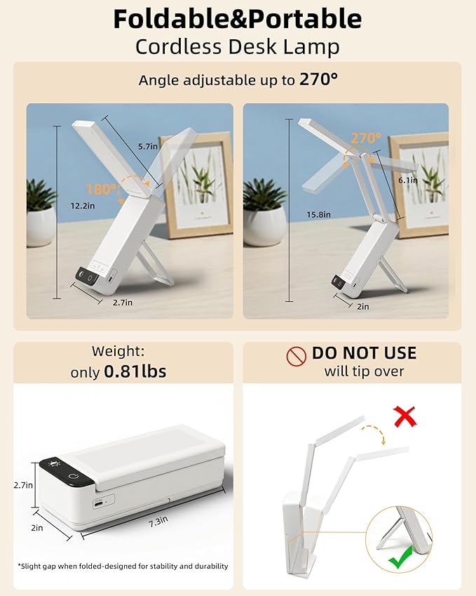 EZVALO Rechargeable Desk Lamp, 6000mAh Battery Wireless Light, Cordless Table Lamp for Book Reading, Foldable Mini Lamps & Portable, 3-Color Dimmable Small Light for Bed, Nail Lamp, Craft, White