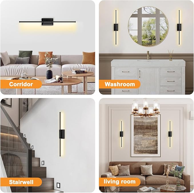 Battery Operated Wireless Wall Sconce - Modern Rechargeable Led Sconces in Black Gold Silver - Bedroom Decor Lights Set of 2 - Long Indoor Living Room Bathroom Remote Wall Light