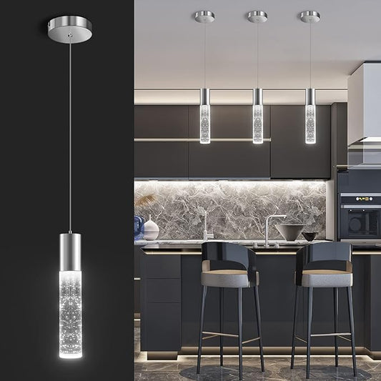 OKELI Modern Pendant Light, LED Bubble Crystal Kitchen Island Lights Fixtures,Chrome Mini Single Island Lights Pendant Lighting for Kitchen Island,Bar,6W,6000K,ETL