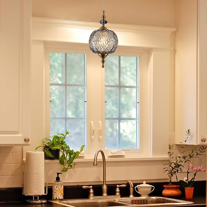 Vintage Grey Glass Pendant Light Fixtures E26 Bulb Pendant Lights for Bedroom Living Room Dining Room Kitchen Island Hallway