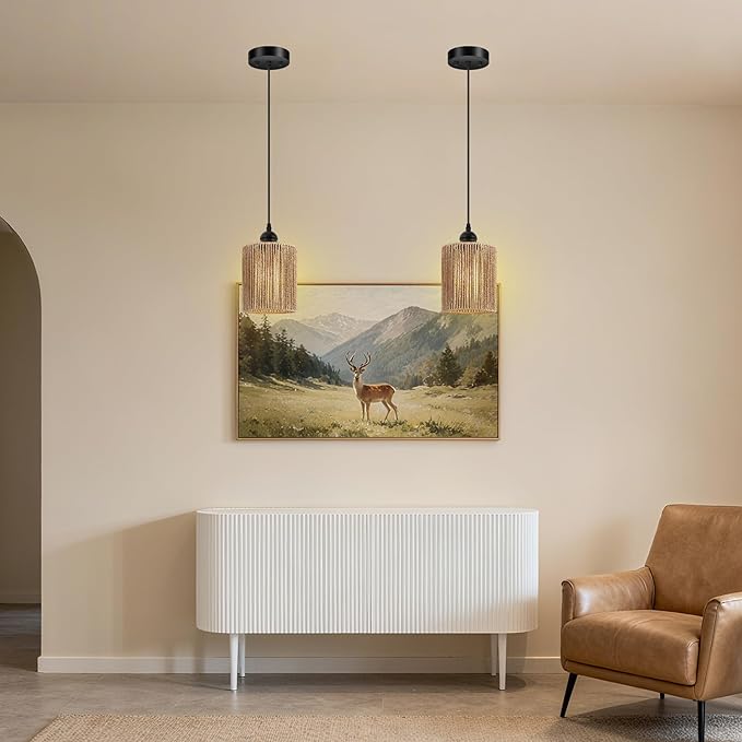 BoostArea 2 Pack Rattan Pendant Lights Kitchen Island, Farmhouse Chandelier with Handwoven Wicker Shade, Adjustable Height Boho Hanging Light for Kitchen Island/Dining Room/Bedroom/Hallway, No Bulb