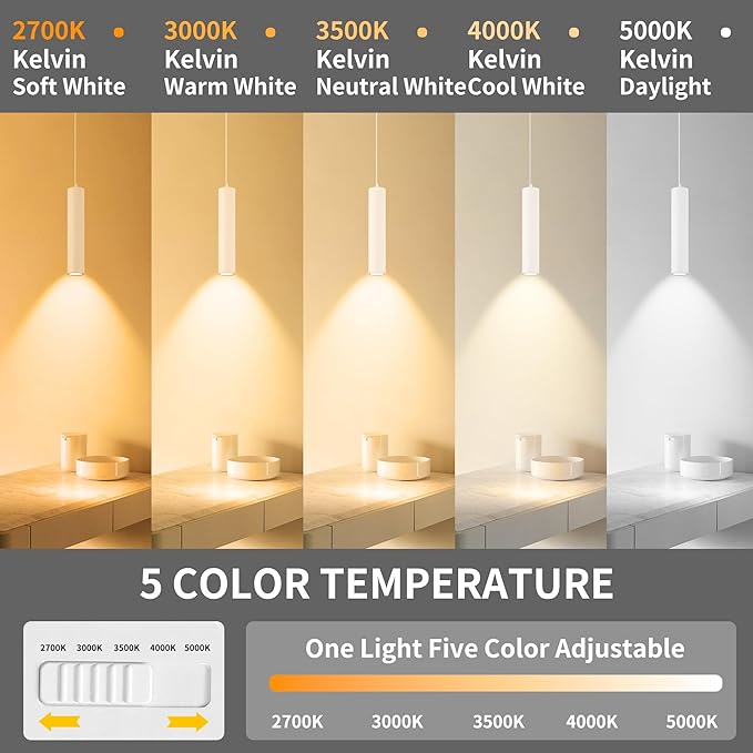 Zoomable LED Pendant Lights Modern Ceiling Hanging Spotlight Pendant Lighting,5CCT/2700K-5000K,Zoomable 15°-60°,Unique Pendant Lighting for Kitchen Island Bar,12W (White)
