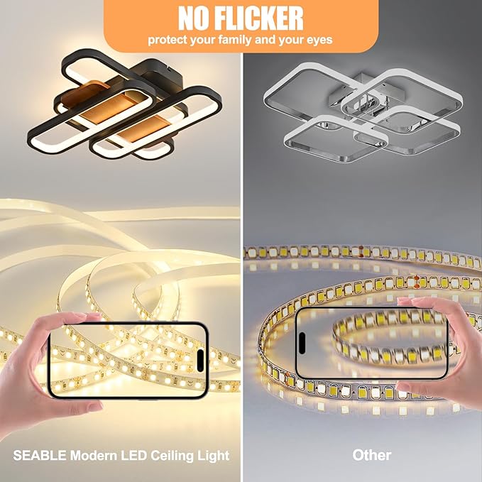17.7" Modern Farmhouse Black LED Ceiling Light Dimmable Flush Mount Chandelier Ceiling Lights Fixtures, 3000K-6500K, Industrial Ceiling Lighting Fixture with Remote for Kitchen Bedroom,90W